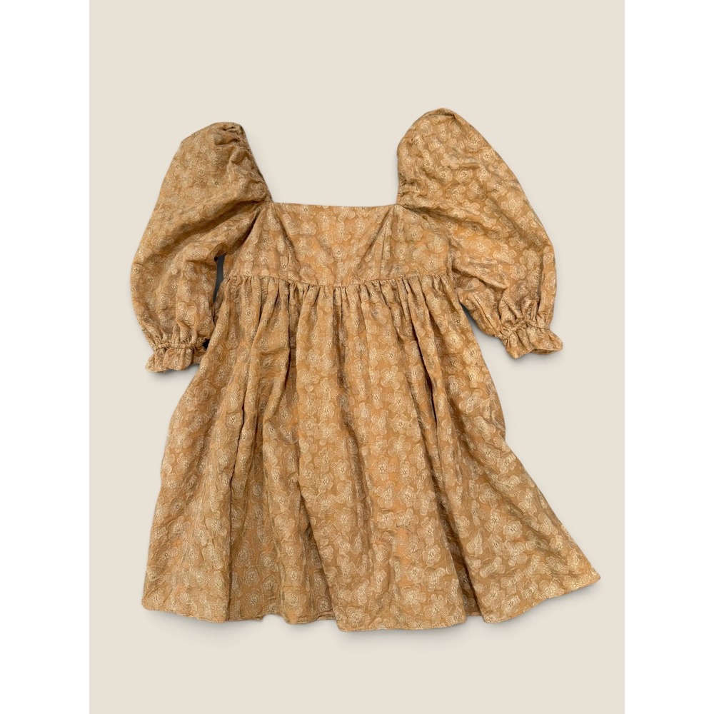 Storia Tan Floral Fall Jacquard Puff Sleeve Babydoll Mini Dress Square Small